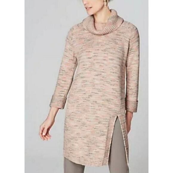 j Jill Tunic Sweater Medium Marled Pink Cowl Neck Preppy Officecore Side Slit - Picture 1 of 7